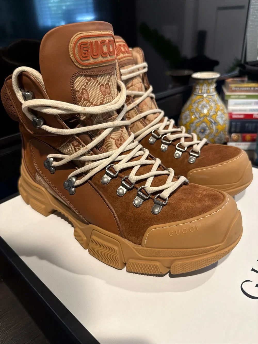 GUCCI GG Monogram Canvas Suede Flashtrek Hiking Boot Tan Brown Sz 8.5